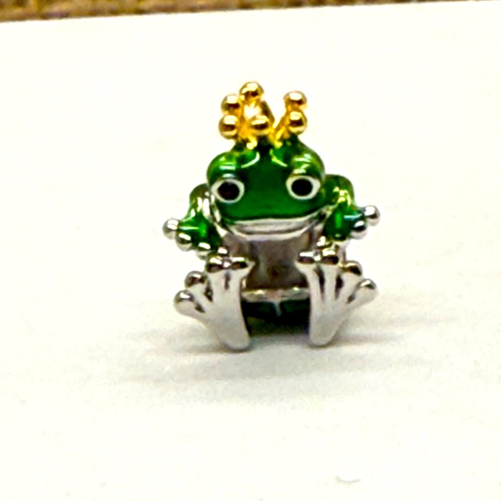 Sterling Silver Green Enamel Frog Prince Charm with Gold Crown, New